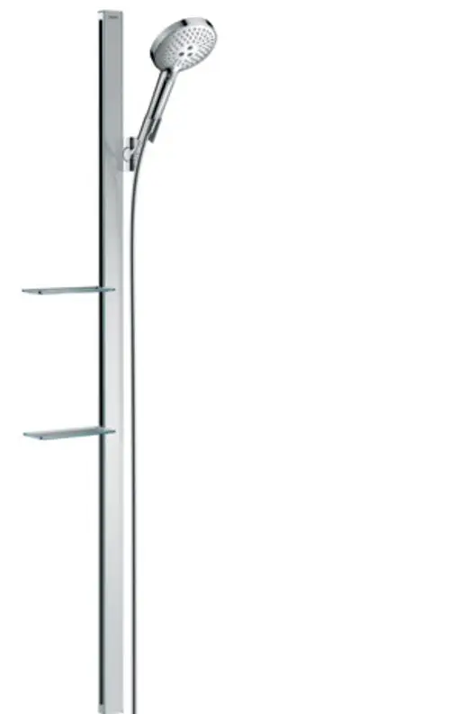 Hochwertiges Brauseset von Hansgrohe mit einer verchromten Brausestange und Ablagen. Der Handbrausekopf bietet drei Sprühstrahlvarianten.